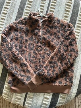 Grayson Threads Brown and Black Leopard Sherpa Half-Zip Pullover